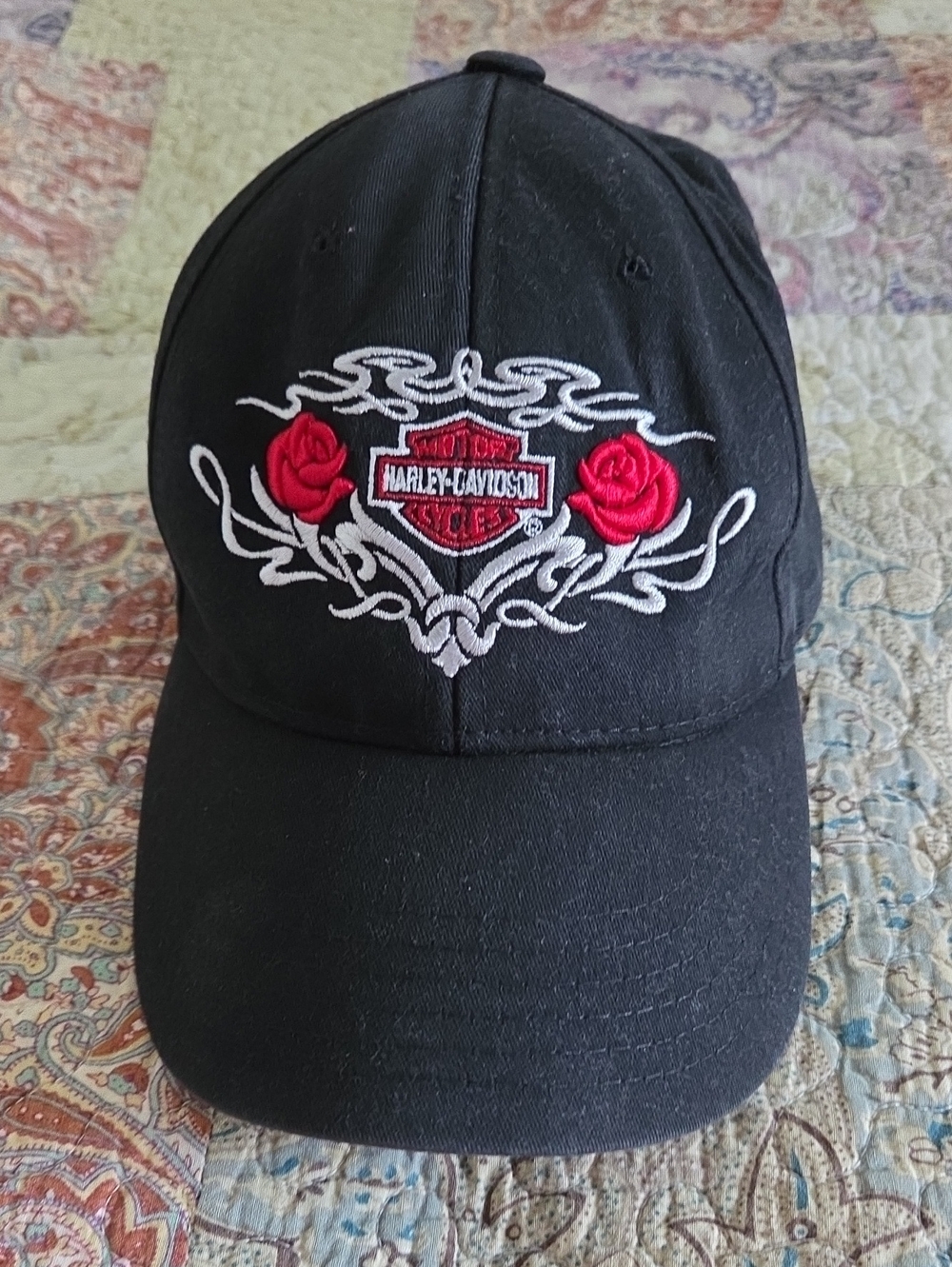 Harley-Davidson Black Cap with Red Rose Embroidery and White Trim